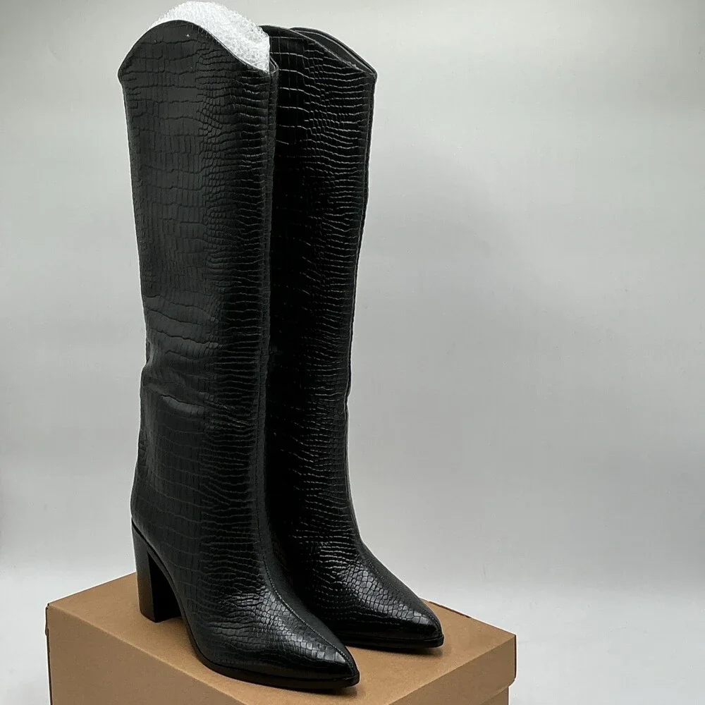 Schutz Maryana Boots Women's 7 B Black Leather Croc-Embossed Block Heel Ebay4464